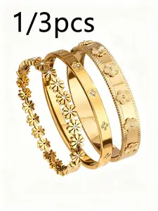 1/3 Pcs 18K Gold-Plated Stainless Steel High Quality Bracelet, Stackable Bracelets, Luxurious Cubic Zirconia Exquisite Trendy Bracelet, Suitable for Daily Wear and Women's Gatherings, Wedding Jewelry Gifts for Women and Girls