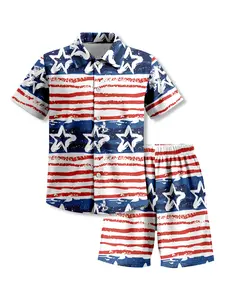 250 Years 4th of July Boy's Patriotic Hawaiian Shirts Set Regular Fit Independence Day Short Sleeve Casual Button Down Summer Tropical Beach Shirts And Short USA Flag