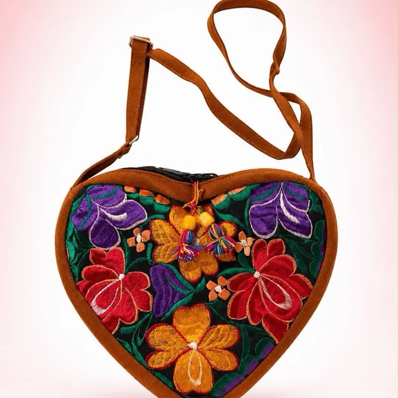 Bolsa gamuza corazón - Mexican Embroidered Bag - Bolsa Bordada Chiapas 100% Handbag with Vibrant Floral Embroidery
