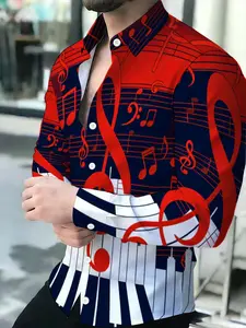 Men's Long Sleeve Button Front Shirt Novelty Print with music notes and piano keyboard design