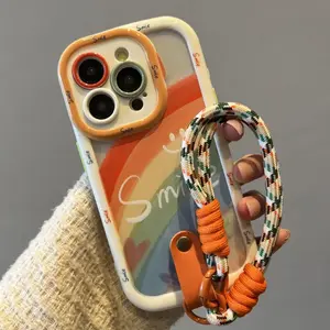 Wrist Chain Lanyard Phone Case For iPhone 16 15 14 13 11 12 Pro Max Cute Colorful Rainbow Pattern Ink and Wash Smudge Cover