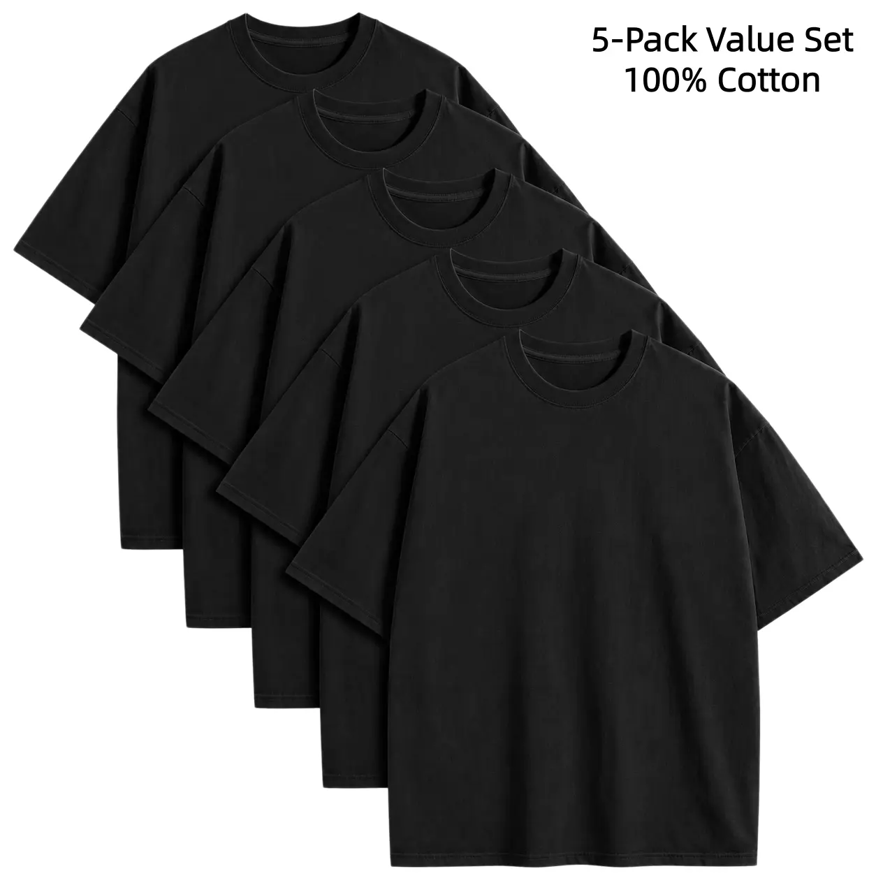 Men's 5-Pack 100% Pure Cotton Heavyweight Plain White Oversized Round Neck Shortsleeve T-Shirts - Breathable, Soft, Loose-Fit Menswear Basic Blank Tops for DIY Printing, Layering, Vintage Festive Use