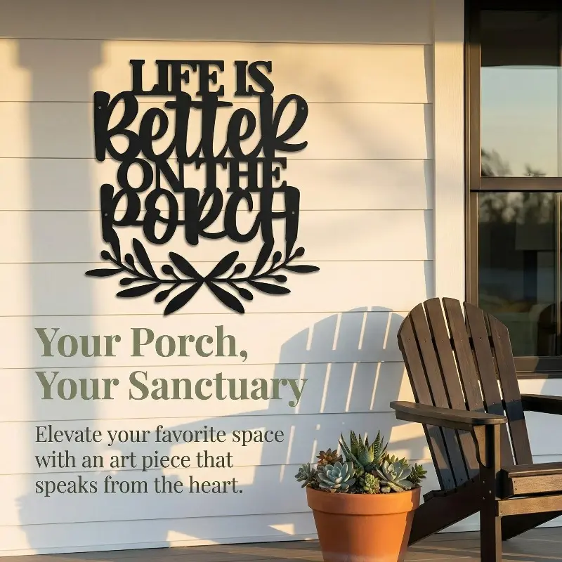 Life Is Better On The Porch Iron Wall Decor,Metal Porch Wall Sign,Decorative Wall Sign,Outdoor Patio Wall Art,Rustic Laurel Wreath Porch Decor,Backyard Iron Wall Accent,Vintage Metal Sign,Vintage Plaque Decor,Rustic Design, Home Decor Aesthetic