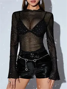 Viral Sparkly Rhinestone Sheer Mesh Top Women Sexy See Through Long Sleeve Baddie Clubwear True to Size Slim Figure Flattering Going Out Party Shirt Y2K Festival Rave Concert Outfit Curve Hugging Night Luxe TikTok Fashion Must Haves Womenswear