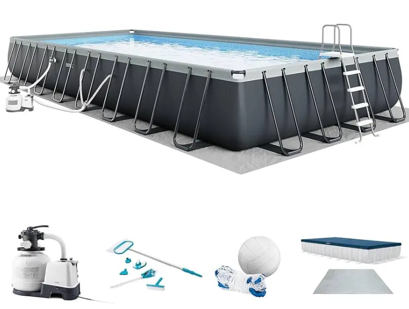 INTEX Ultra XTR 32ft x 16ft x 52in Above Ground Swimming Pool Set w/Pump 26377EH - 2650 GPH Sand Filter Pump, Saltwater System, Maintenance Kit & Volleyball Game Included - Strong Galvanized Steel