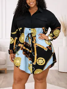 Plus Size Women's Patchwork Chain Print Shirt Dress, Button Front Collar Top + Vintage Pattern Skirt, Casual Fashion Spring & Fall