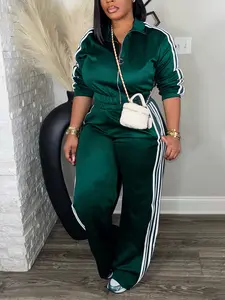 Women's Casual Patchwork Sportswear Set, Zipper Stand Collar Top + High Waist Loose Pants, Two-Piece for Daily Wear, Athletic Fashion Activewear, Athleisure Wear Set, Athleisure Outfit