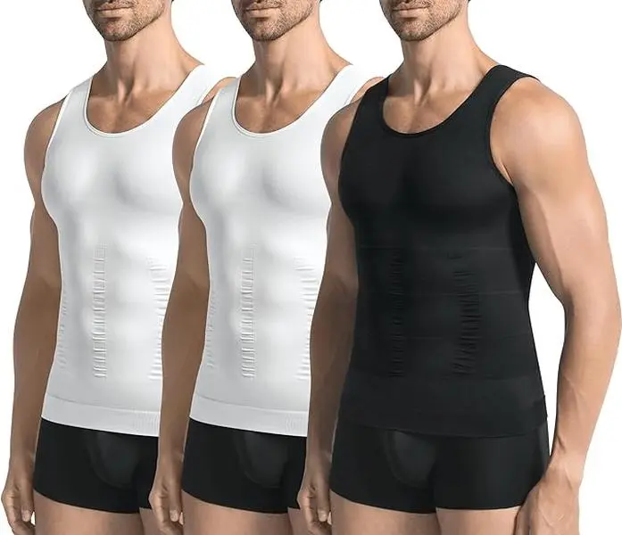 Men's 3-Pack Slim-Fit Compression Shirts, Sleeveless Quick-Dry Shapewear Undershirt for Tummy Control, Discreet Wear, L - White & Black, Menswear, Seamless, Breathable, Lightweight