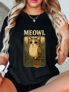 100% Cotton Meowl - Funny Meow Cat Owl Brainrot Meme Teen Kids Gaming T-Shirt