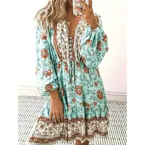 Women'sEthnicFloralPatternButtonFrontRuffleHemDress,BohoBishopSleeveTieFrontVNeckALineShortDressforBeachHolidayVacation,LadiesClothesforAllSeasons