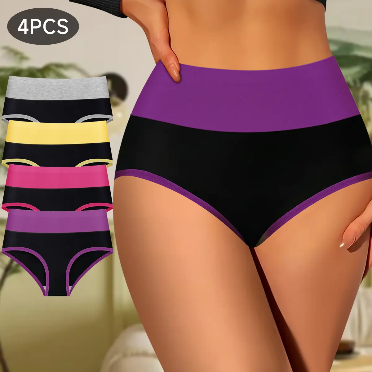 Women's Briefs 4-Pack, High Waist Soft Cotton Panties with Sexy Contrast Binding, Breathable Stretch for Tummy Control & Body Slimming, Women's Clothes