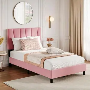 GAOMON Twin Size Bed Frame with Adjustable Headboard, Linen Upholstered Twin Platform Bedframe with Strong Wooden Slats, Mattress Foundation, No Box Spring Needed, Easy Assembly
