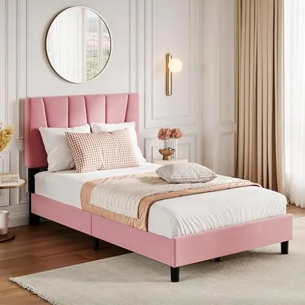 GAOMON Single Twin Size Linen Upholstered Bed Frame with 3-Height Adjustable Headboard, Memory Foam Compatible, Strong Wooden Slats, Quiet Design, No Box Spring Needed, Easy Assembly Required