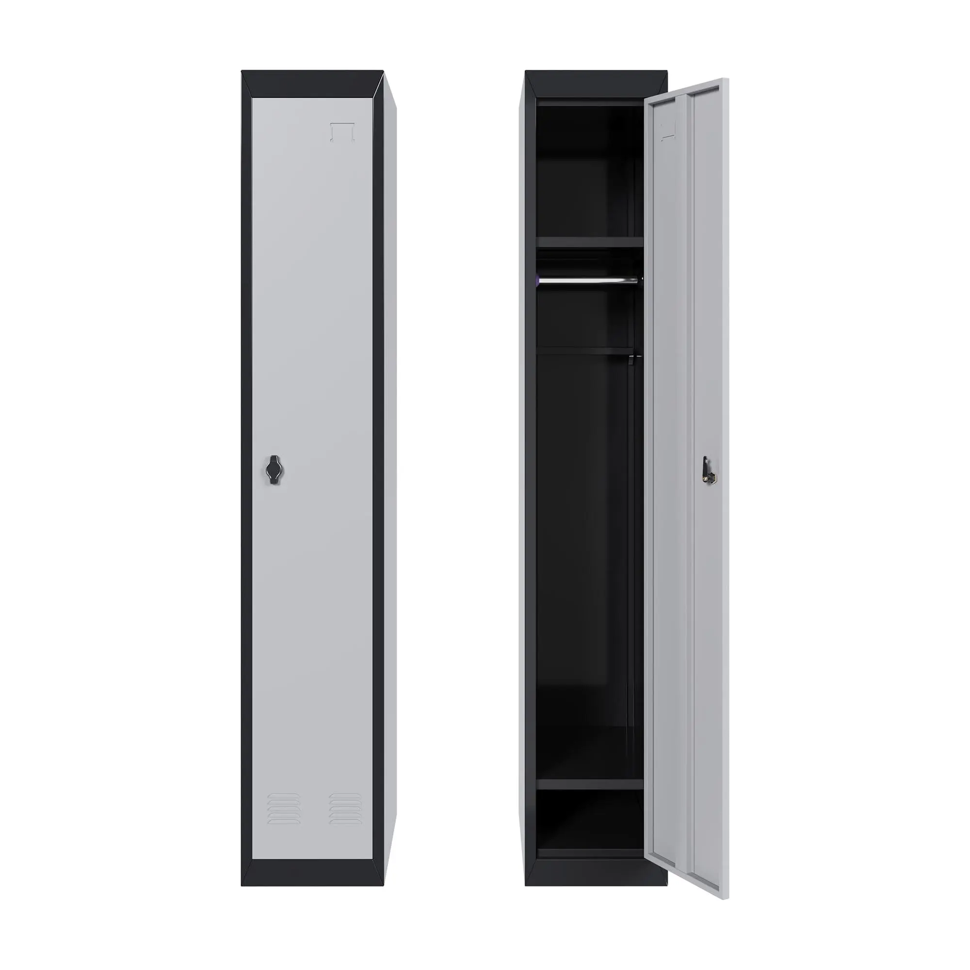 72" Tall Single-Door Metal Locker with Key, Heavy Duty Steel Storage Cabinet with Shelves, Lockable Employee Locker for School, Office, Gym, Home, Garage, Gray & Black