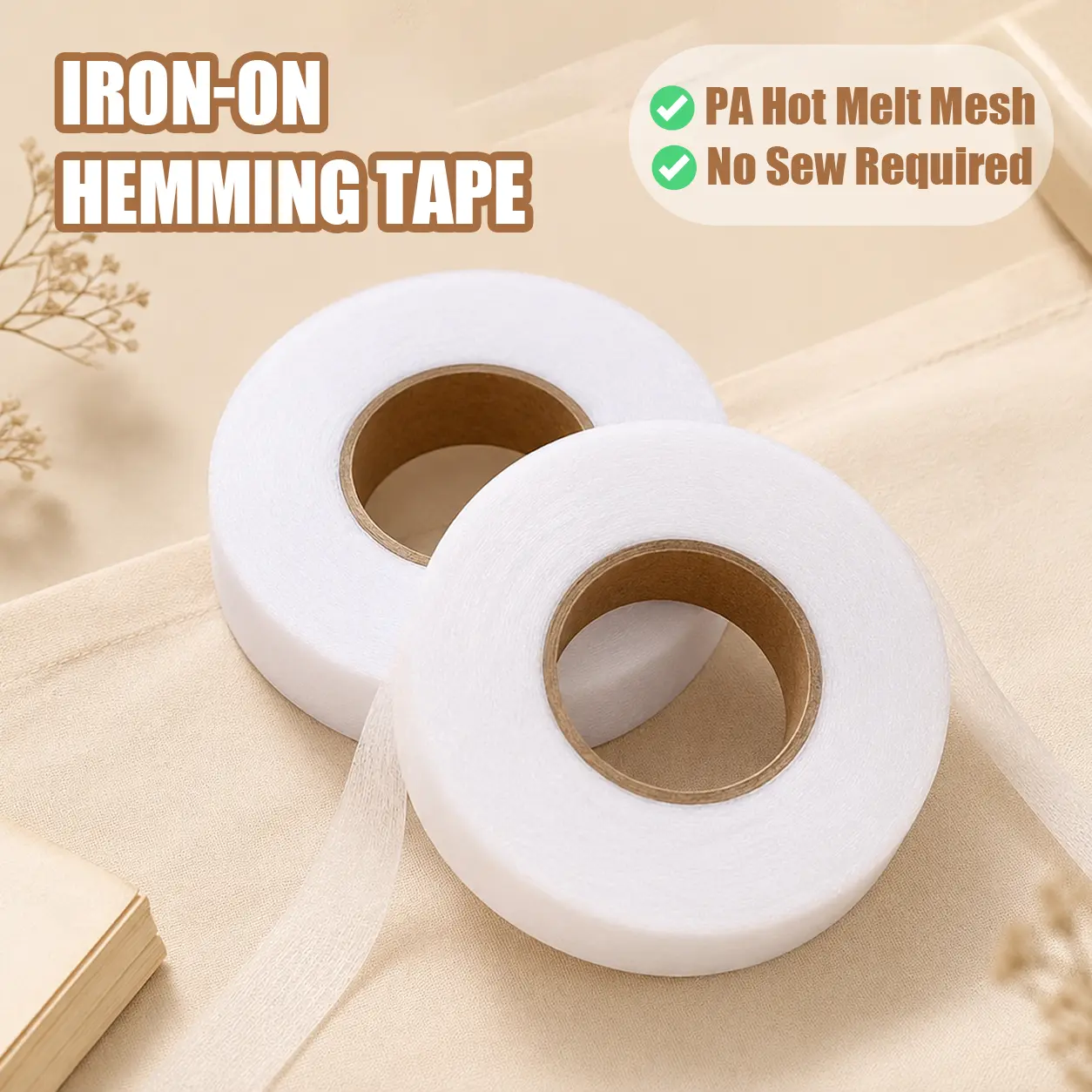0.79 Inch PA Iron-On Hemming Tape, No Sew Double Sided Hot Melt Fabric Adhesive Tape, Invisible Hem Tape for Pants Legs Shortening Clothes DIY Crafts, White 2559 Inch Length