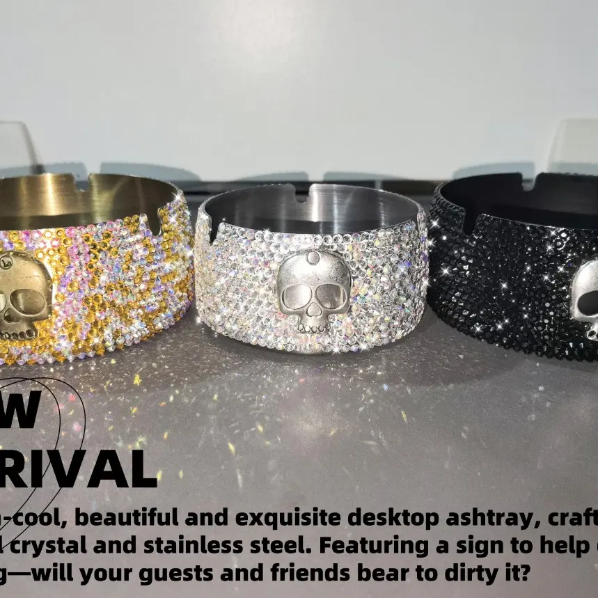 Ultra-Cool Bling Rhinestone Skull Ashtray, Stainless Steel Ash Tray for Gothic Home Decor, Perfect for Smokers, Unique Gift Idea