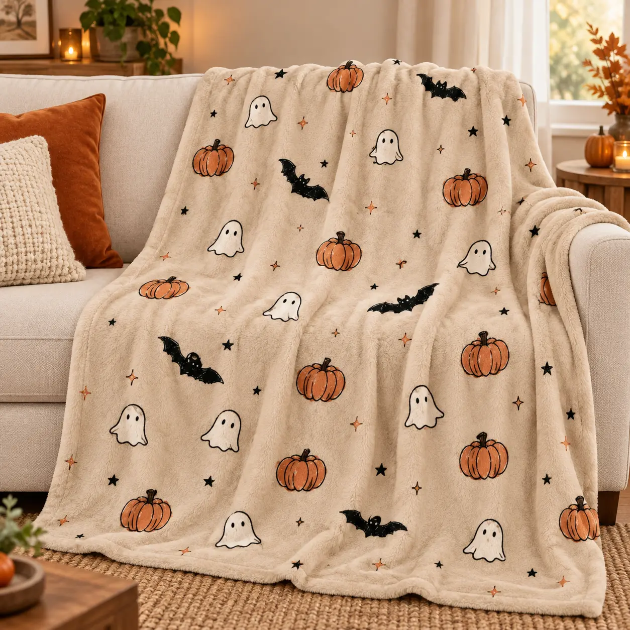 Neutral Tone Halloween Flannel Fleece Blanket, Vintage Doodle Style Ghost Pumpkin Bat Star Pattern Plush Lightweight Throw, Soft Warm Blanket for Living Room Bedroom Dorm, Aesthetic Spooky Fall Home Accent, Fun Halloween Present for Kids and Young Adults