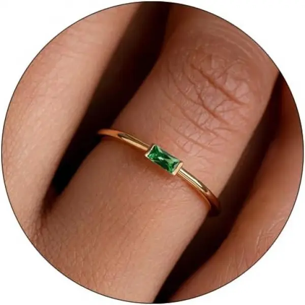 Dainty Gold Birthstone Rings for Women 14k Gold Plated Non Tarnish Thumb Stackable Ring Mothers Birthday Gifts Engagement Wedding Promise Rings Emerald Green Gemstone Jewelry Band Size 6-10