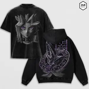 Yami Yugi Dark Magician Yu-Gi-Oh! Duel Monsters Double Printed Vintage Washed T-Shirt Hoodie Sweatshirt Unisex Oversize Heavyweight Cotton Pullover Gift For Anime Fan