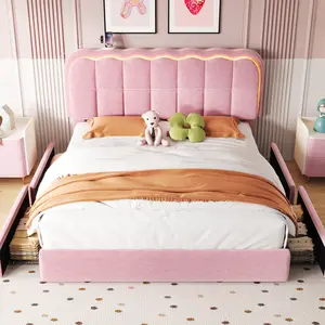 Queen Bed Frame with Headboard and LED Lights, 4-Drawer Storage, Slat Support, Charging Station, No Noise, Upholstered Fabric Platform Bed, No Box Spring Needed (Beige, Queen (U.S. Standard))