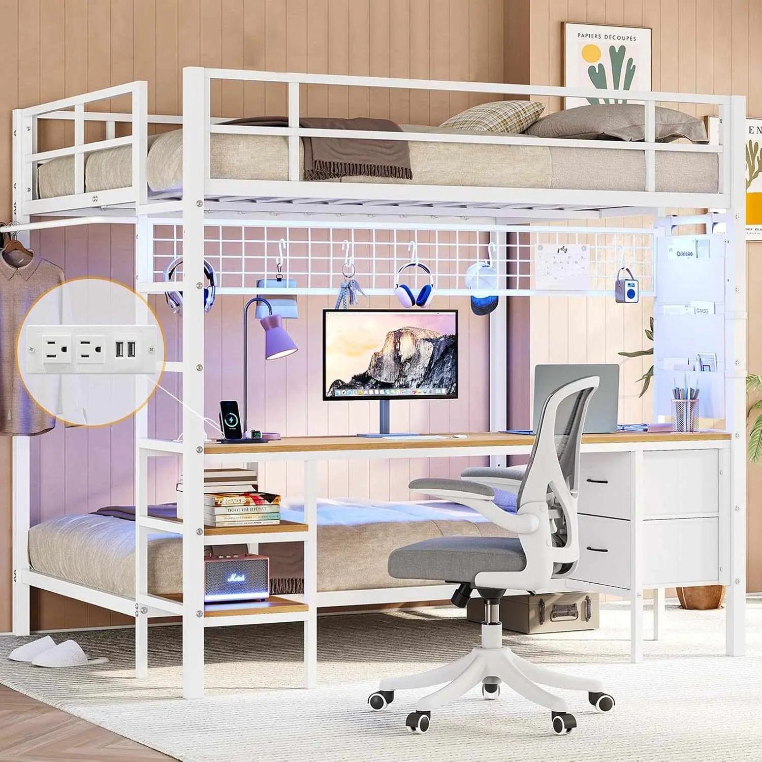 Full Size Over Twin Bunk Loft Bed Frame with Desk and Charging Station White