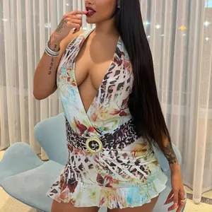 Leopard Print Halter Dress Women Irregular Hem Midnight Sexy Backless Deep V-Neck Skinny Stretch Bodycon Clubwear with Ruffle Hem