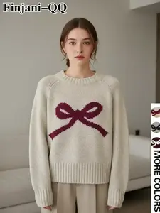 Women's Fashion Sweater Pullover, Round Neck Drop Shoulder Long Sleeves Design, Cute Bowknot Decoration, Casual Spring & Fall Daily Wear