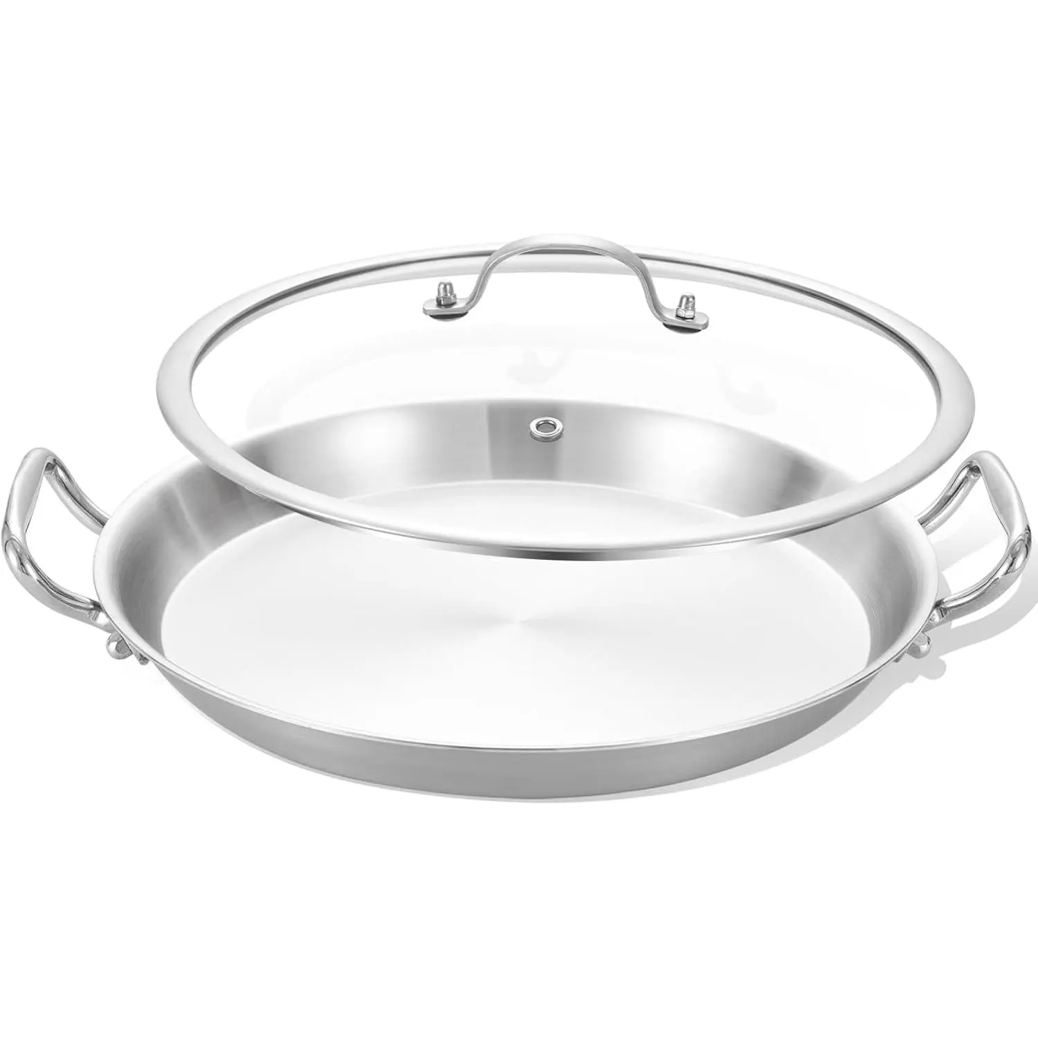 12 Inch Tri-ply Stainless Steel Paella Pan Cookware - Heavy Duty Large Skillet, Oven & Dishwasher Safe (Ideal for Omelets)