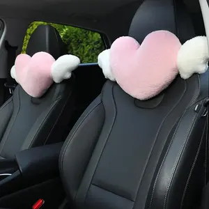 2 Pack Heart Shaped Cute Car Headrest Pillow with Angel Wings - Comfortable Soft Head Rest Cushion Kawaii Car Accessories Neck Pillow for Driving Travelling Office Home Decor - Pink Love Heart