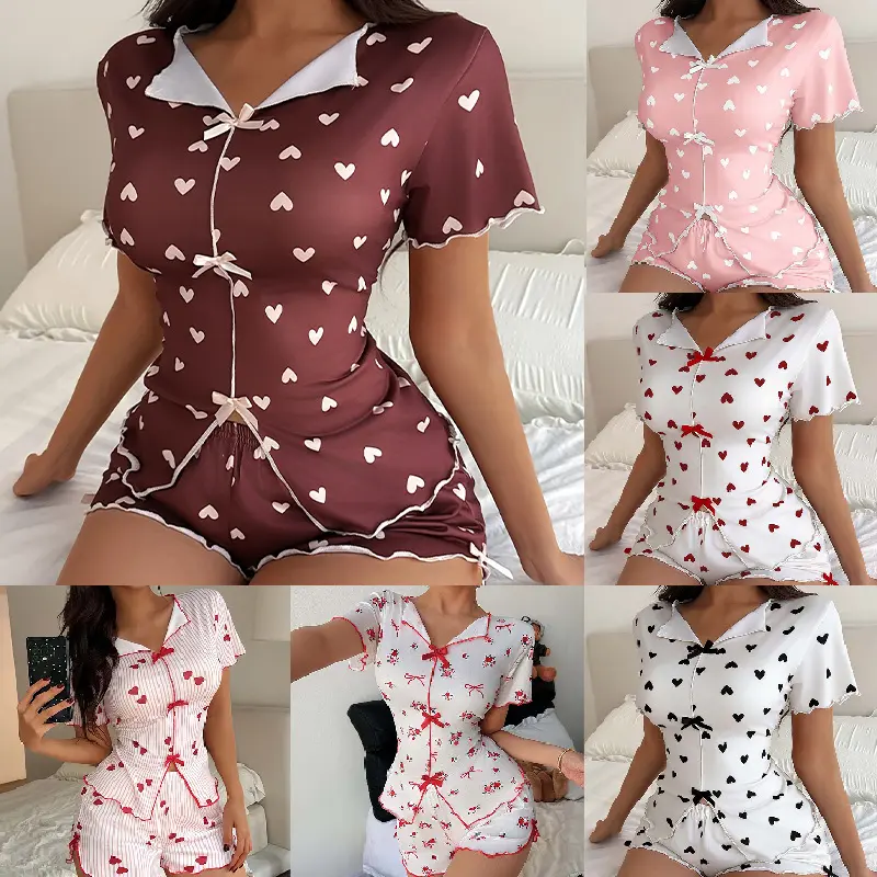 FEITAI Women's Pajama Set with Striped and Heart Print, Lapel V-neck, Slit, and Ruffle Design, Featuring Short Sleeves and Shorts. 2pcs Women's Pajama Set, Cute Sleepwear for Women.