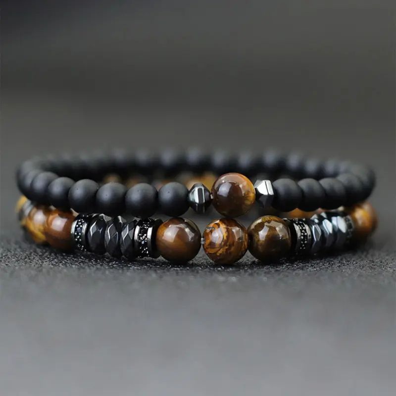Luxury Men's Stone Bracelet Set, Natural Lapis Lazuli Tiger Eye Beaded Jewelry Gift for Boyfriend, 2 Pieces Per Set, High Quality Bracelet, Exquisite Bracelet, Premium Bracelet