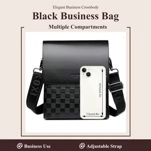 Men's business crossbody shoulder bag, with adjustable carved shoulder strap, multiple compartments inside including a zippered section, made of soft leather, designed with a checkered pattern, can be given as a gift