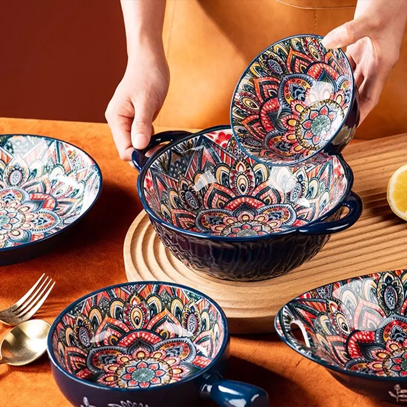 8-piece ceramic dinnerware set, Tableware Set, Bohemian style, available in two colors, plates and bowls sets, includes oatmeal bowl, pasta bowl, double-handled salad bowl, double-handled plate, serving plate, microwave-safe, and dishwasher-friendly