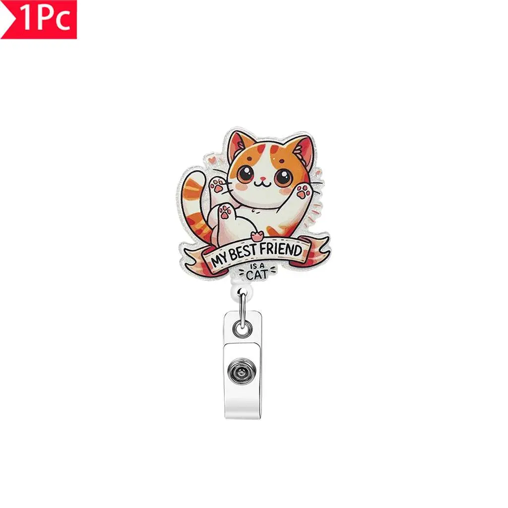 1PC Cute Cat Pattern Stretch Buckle Chest Card Clip Cartoon "My Best Friend is Cat" ID Card Clip Nurse Doctor Work Card Clip