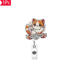 1PC Cute Cat Pattern Stretch Buckle Chest Card Clip Cartoon "My Best Friend is Cat" ID Card Clip Nurse Doctor Work Card Clip