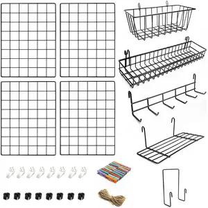 4 Pack Wire Wall Grid Panel With Accessories Includes Hanging Baskets, Letter Sorter, Shelf & Hook Rack, Photo Grid for Hanging Home Office & Kitchen Decor