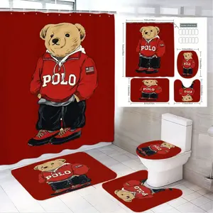 1/4pcsRed Teddy Bear POLO Hoodie Bathroom Set - Shower Curtain + Toilet Seat Cover + 2 Floor Mats, Playful Cartoon Design, Cozy Home Decor for Spring, Easter, Christmas, Daily Bathroom Essential, Shower Curtain Sets