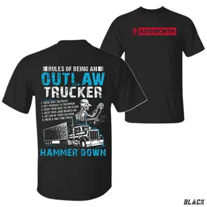 Outlaw Trucker T-Shirt, Kenworth Skeleton Semi Truck Driver Rules Graphic, Hammer Down Big Rig Diesel Mechanic Graphic Shirt for CDL Drivers & Highway Haulers, Gift for Truck Lovers