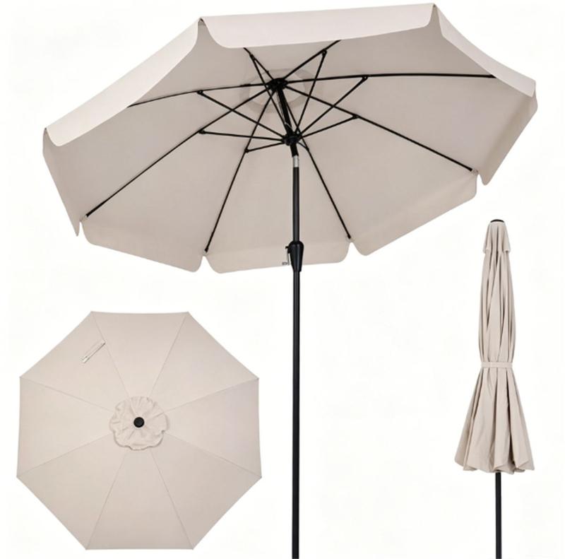 10ft Beige Scalloped Edge Patio Umbrella with Push-Button Tilt, Crank Lift, Vented Fiberglass Ribs - Outdoor Sun Shade for Backyard, Poolside
