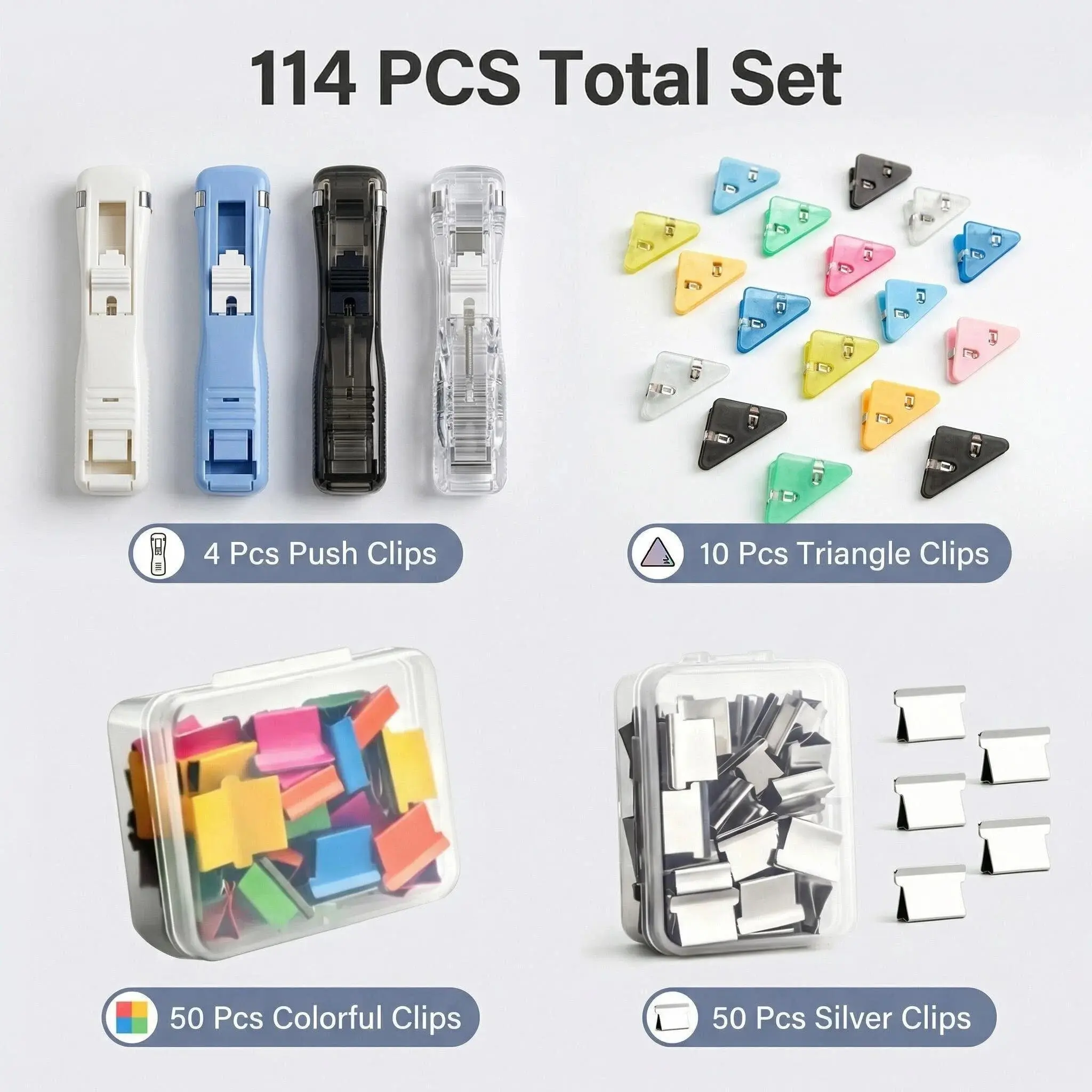 ZipClip -4 pcs ZipClip+50 Pcs Colorful Clips+50 Pcs Silver Clips+10 Pes Triangle Clip All are reusable,back to school,back to school shopping