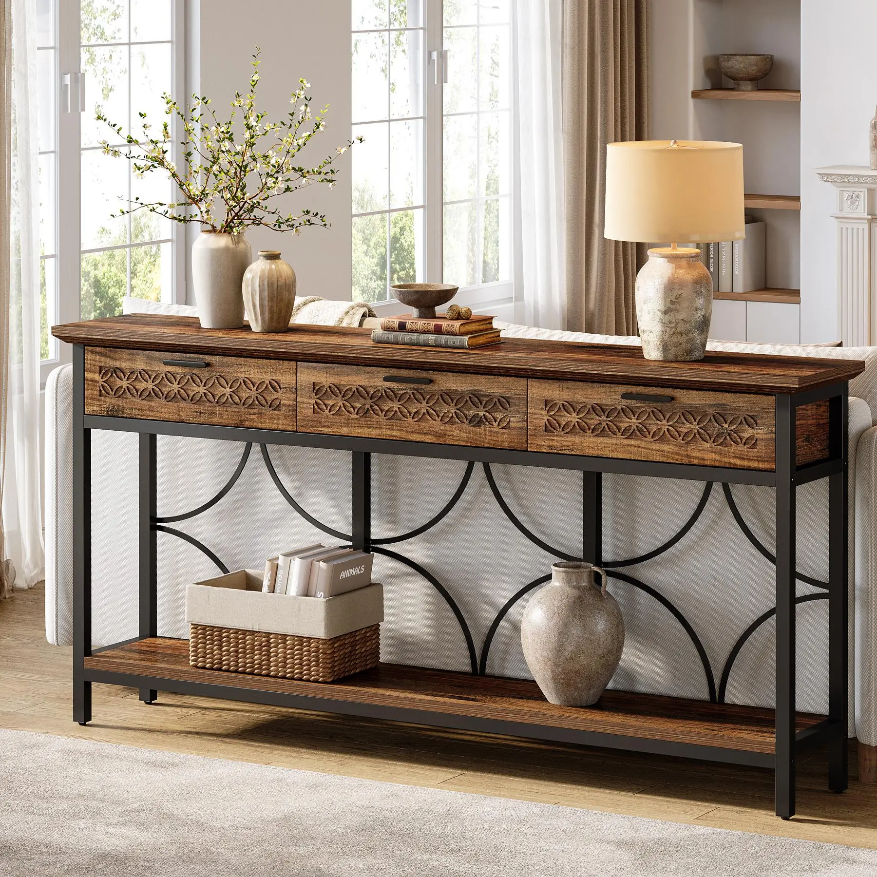 TRIBEWOOD 70.9-Inch Rectangle 70s Style Console & Sofa Table with Drawers - Adjustable Height, Adj. Ft., Carved Panels, Industrial Look, 35 lb/Drawer, 198 lb/Shelf, Bottom Open Shelf, Assembly Required for Entryway, Living Room