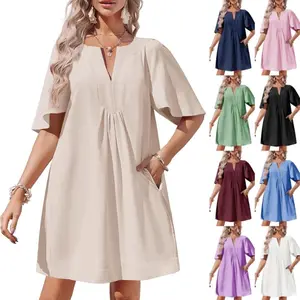ARTFREE Womens Flutter Short Sleeve Mini Dress Casual V Neck Loose Flowy Summer Dresses