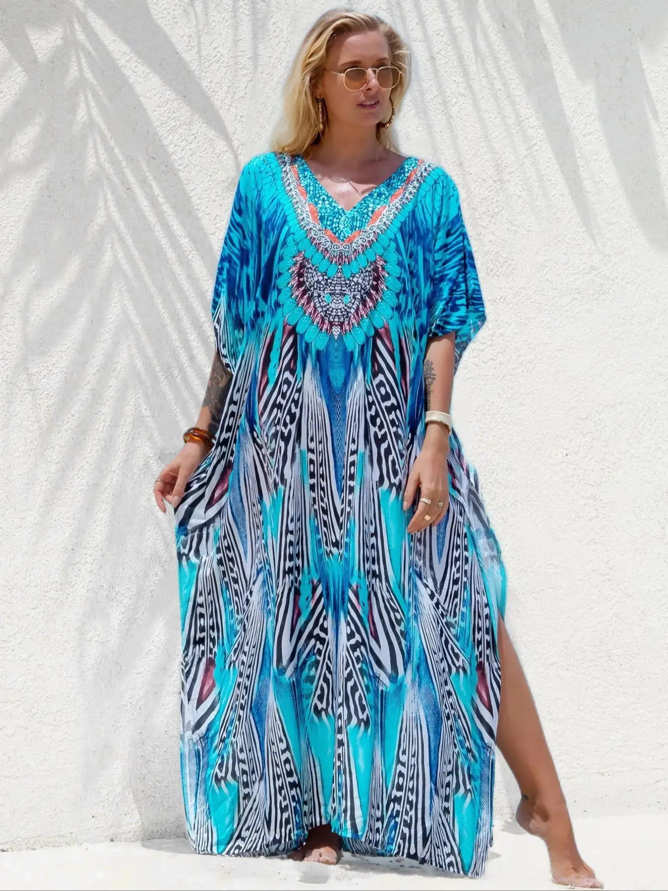 Women's All Over Print Batwing Sleeve Kaftan Dress, Summer Clothes Women, Casual V Neck Half Sleeve Side Split Long Dress For Summer, Women's Islamic