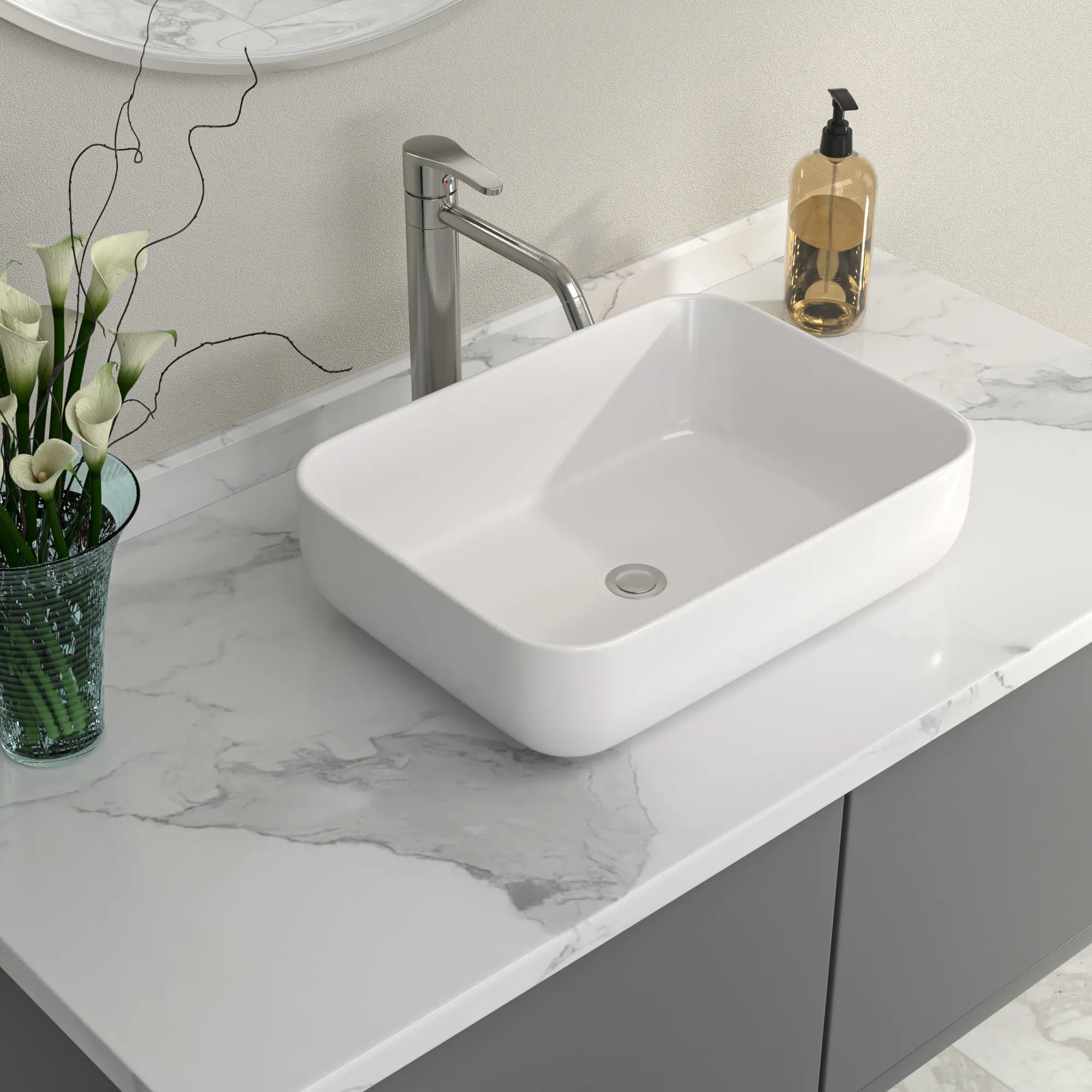 Logmey 20"x15" White Minimalist Rectangular Ceramic Vessel Sink, Above-Counter Bathroom Vanity Sink with Overflow, Scratch & Stain Resistant Gloss Basin