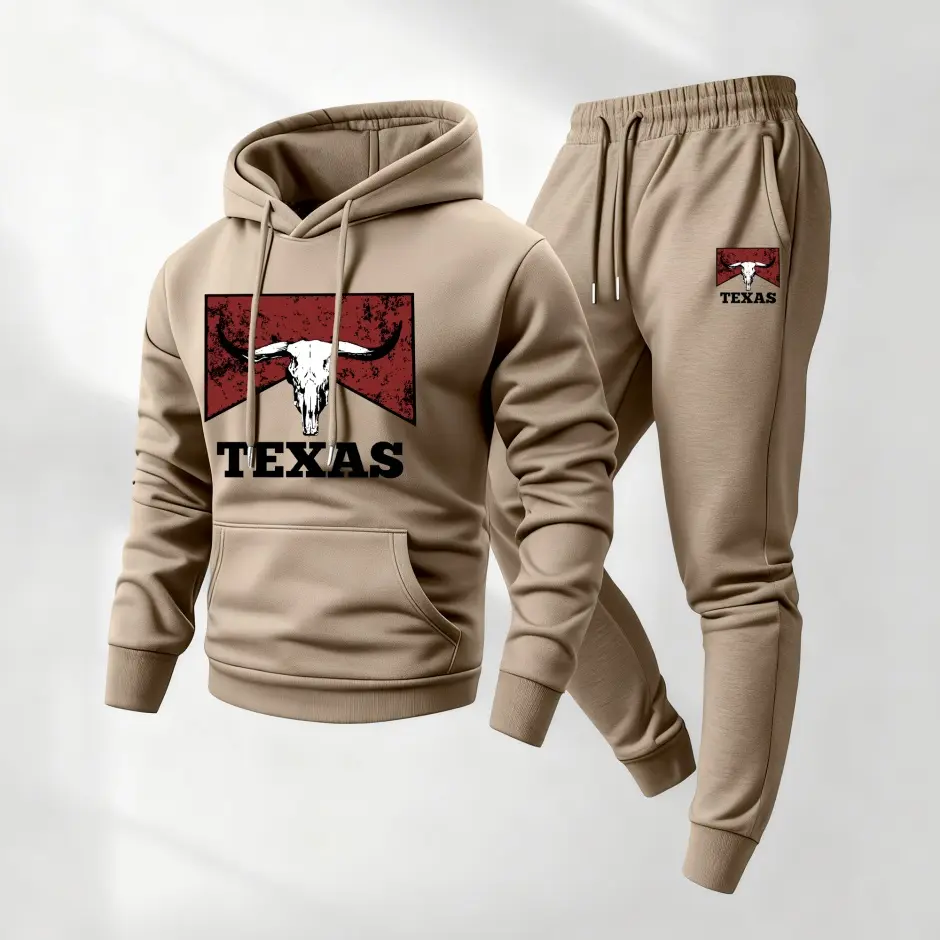 Men's Casual Texas Cowboy Print Hoodie Set, 2-Piece Loose-Fitting Tracksuit in Soft Polyester Fabric for Fall Casual Outings