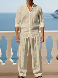 Men's casual linen blend suit - long-sleeved shirt and linen pants, Casual Trousers. The fabric is lightweight and breathable, with a loose and casual fit. It is suitable for daily casual wear, beach vacations and outdoor activities.