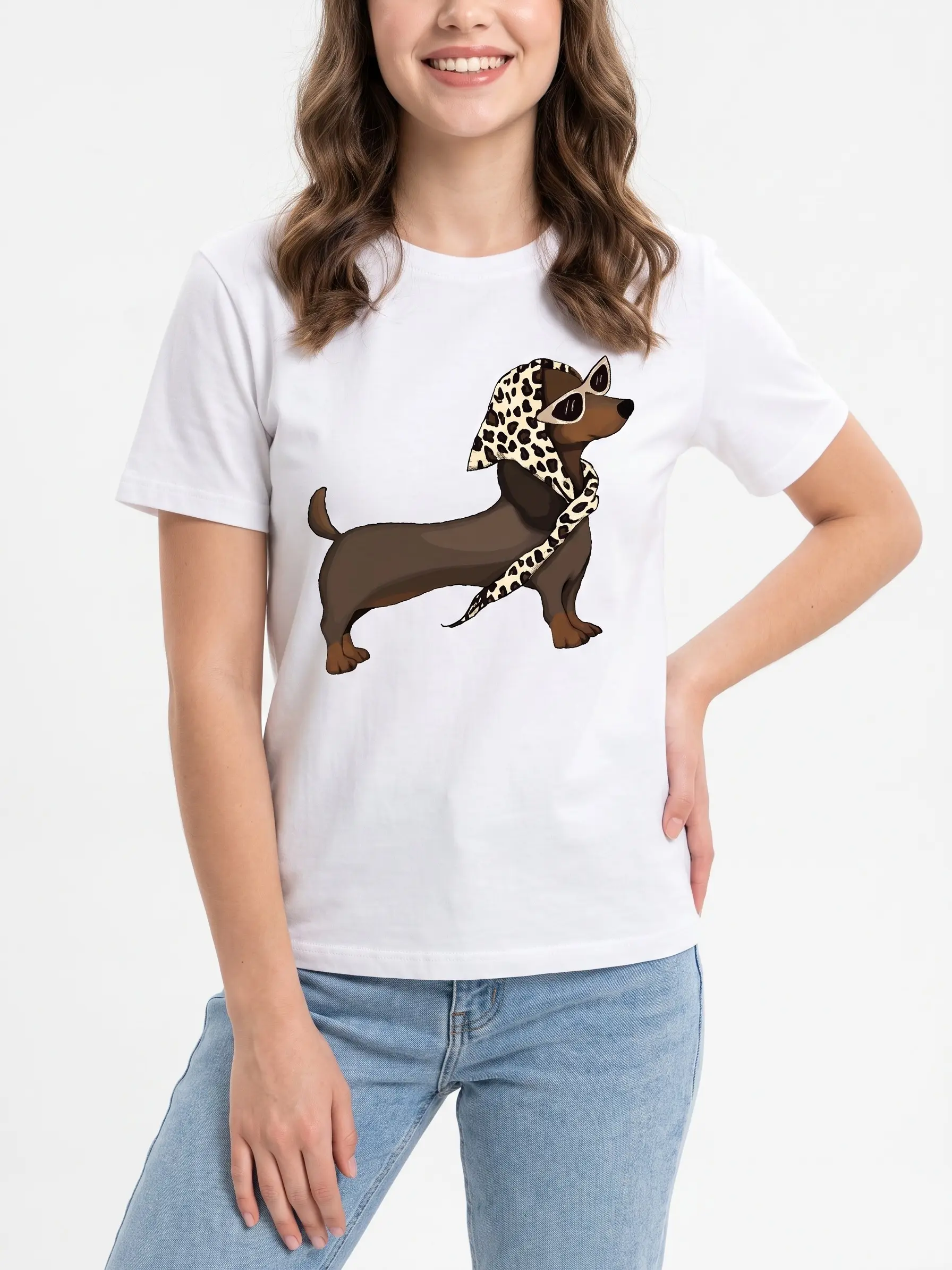 Women's Dachshund Graphic Cotton T-Shirt - Chic, Breathable, Soft, Fit Short-Sleeve Raglan Neck Top with Sunglasses & Leopard Scarf, Cute Animal Digital Print 1-Piece Summer Casual Womenswear