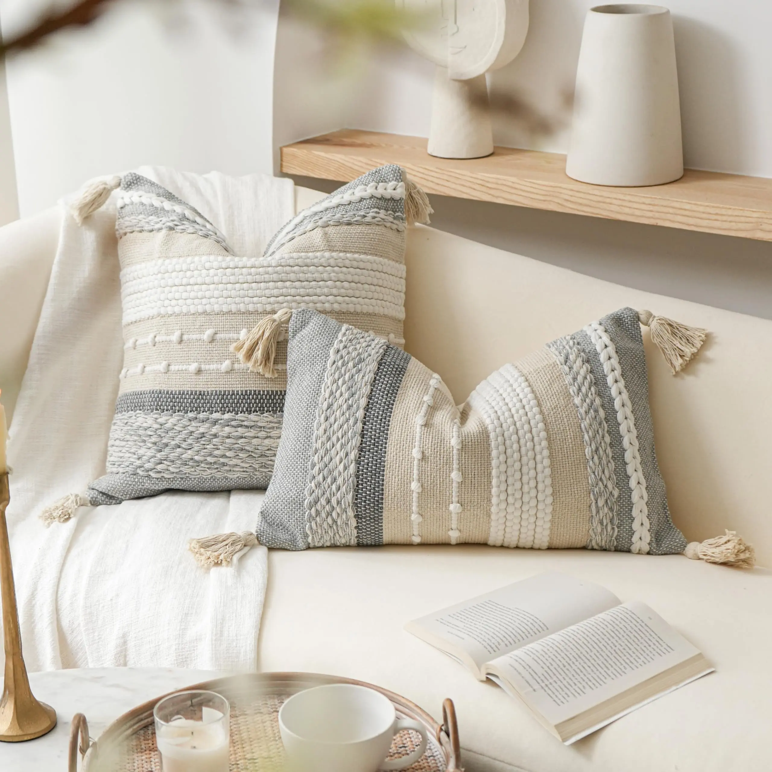 BlissBlush Boho Woven Tassel Pillow Cover 14x24/18x18/20x20/22x22 – Textured Throw Cover for Sofa & Living Room