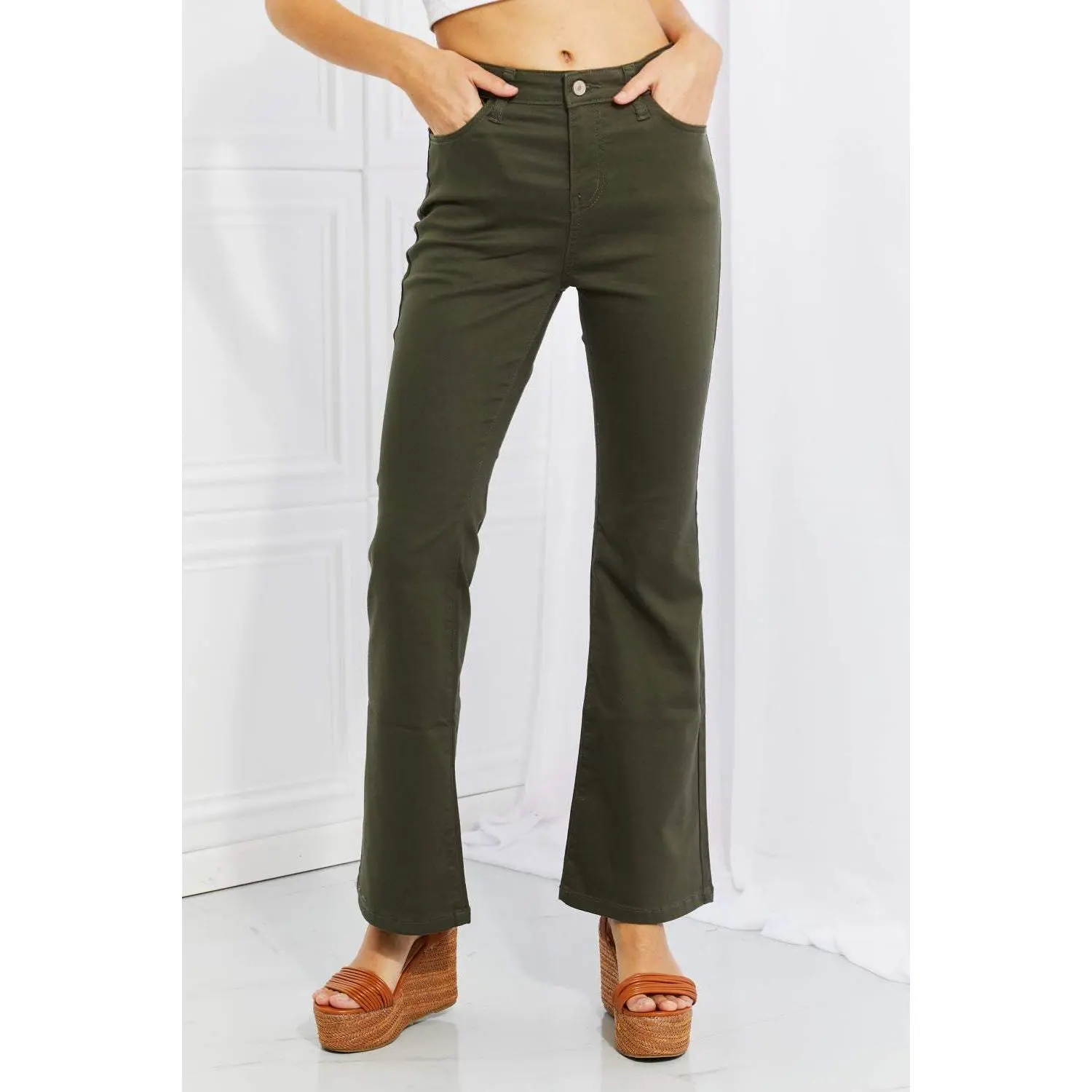 Zenana Clementine Full Size High-Rise Bootcut Jeans in Dark Olive