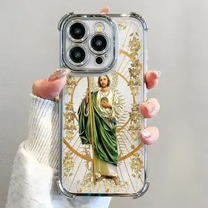 St. Jude Pattern Phone Case Electroplated Airbag Shockproof Slim Soft TPU Cover for iPhone 11 12 13 14 15 17 Pro Max 17 Air Pro Max Plus Cellphone Shell with Bumper Corners